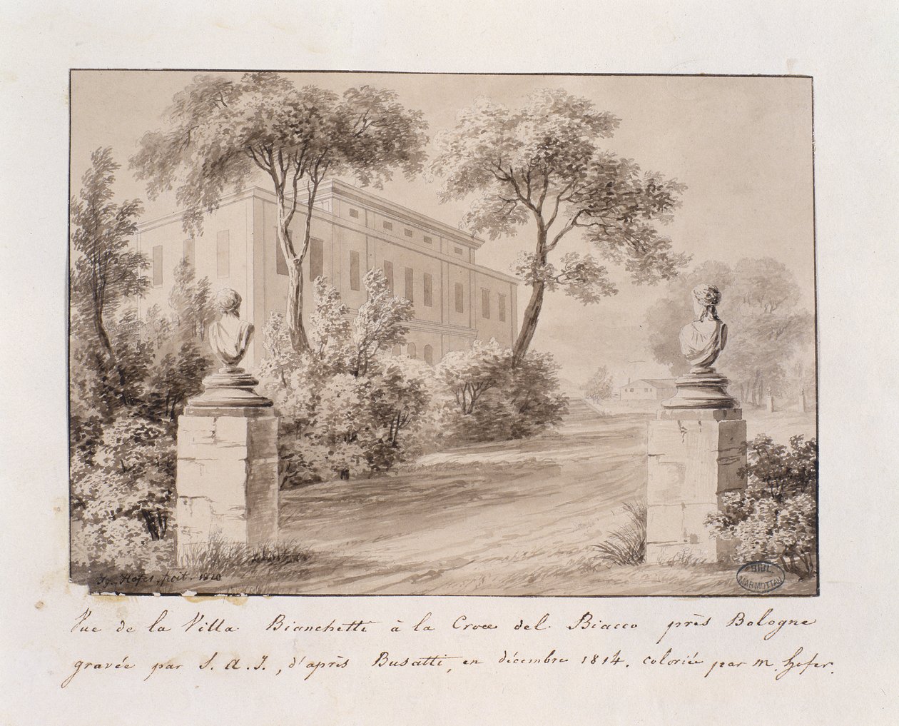View of Villa Bianchetti in Croce del Biacco near Bologna (coloured engraving) by French School
