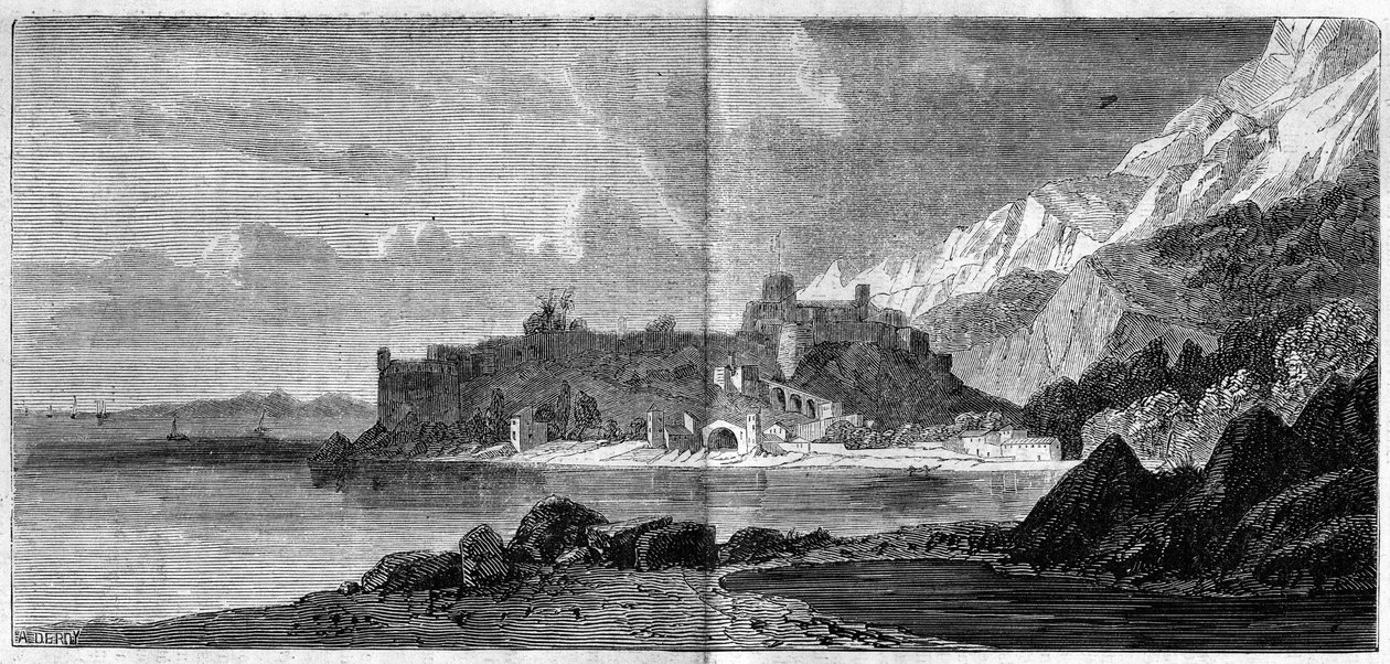 View of the city of Monaco in 1860. Engraving in 