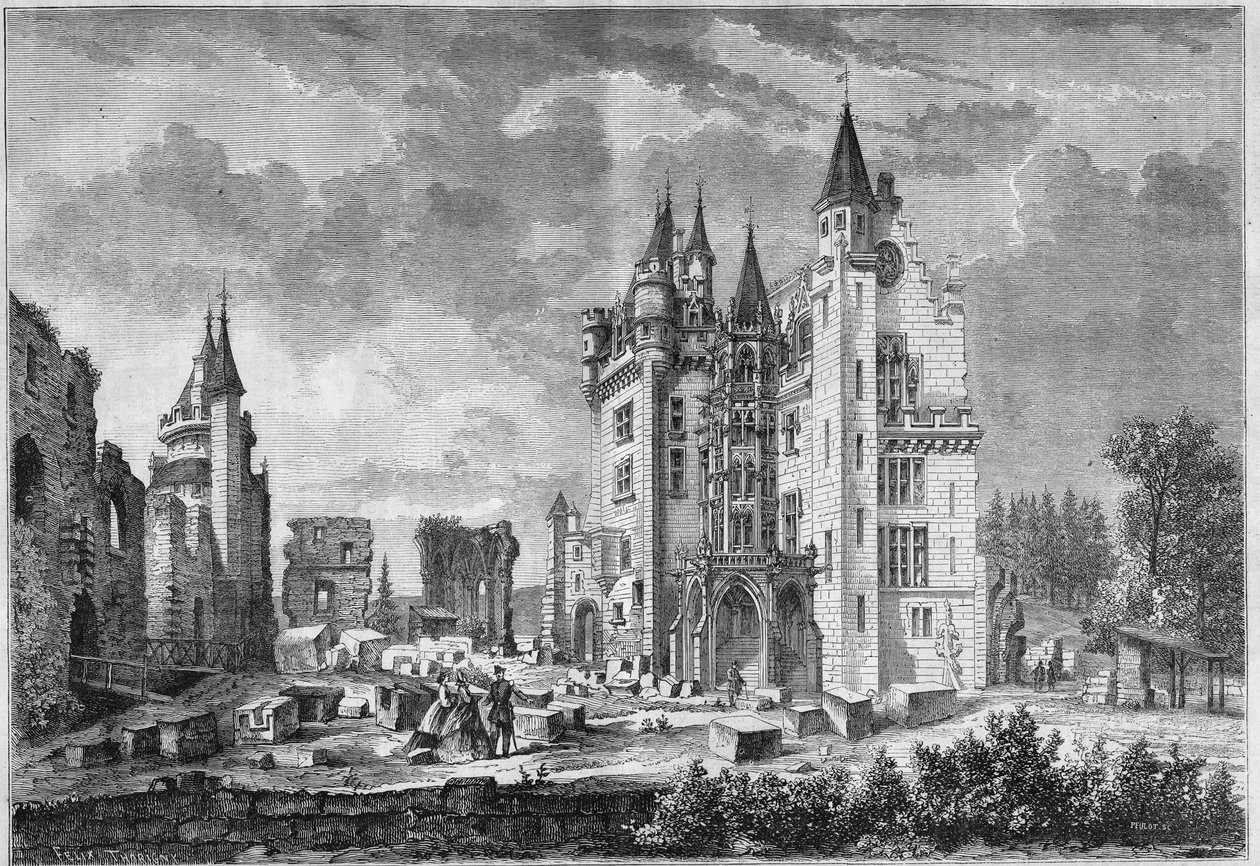 View of the restoration work of the Chateau de Pierrefonds, organized by Eugene Viollet le Duc, during the visit of Napoleon III and the Impress Eugenie de Montijo. Oise by French School
