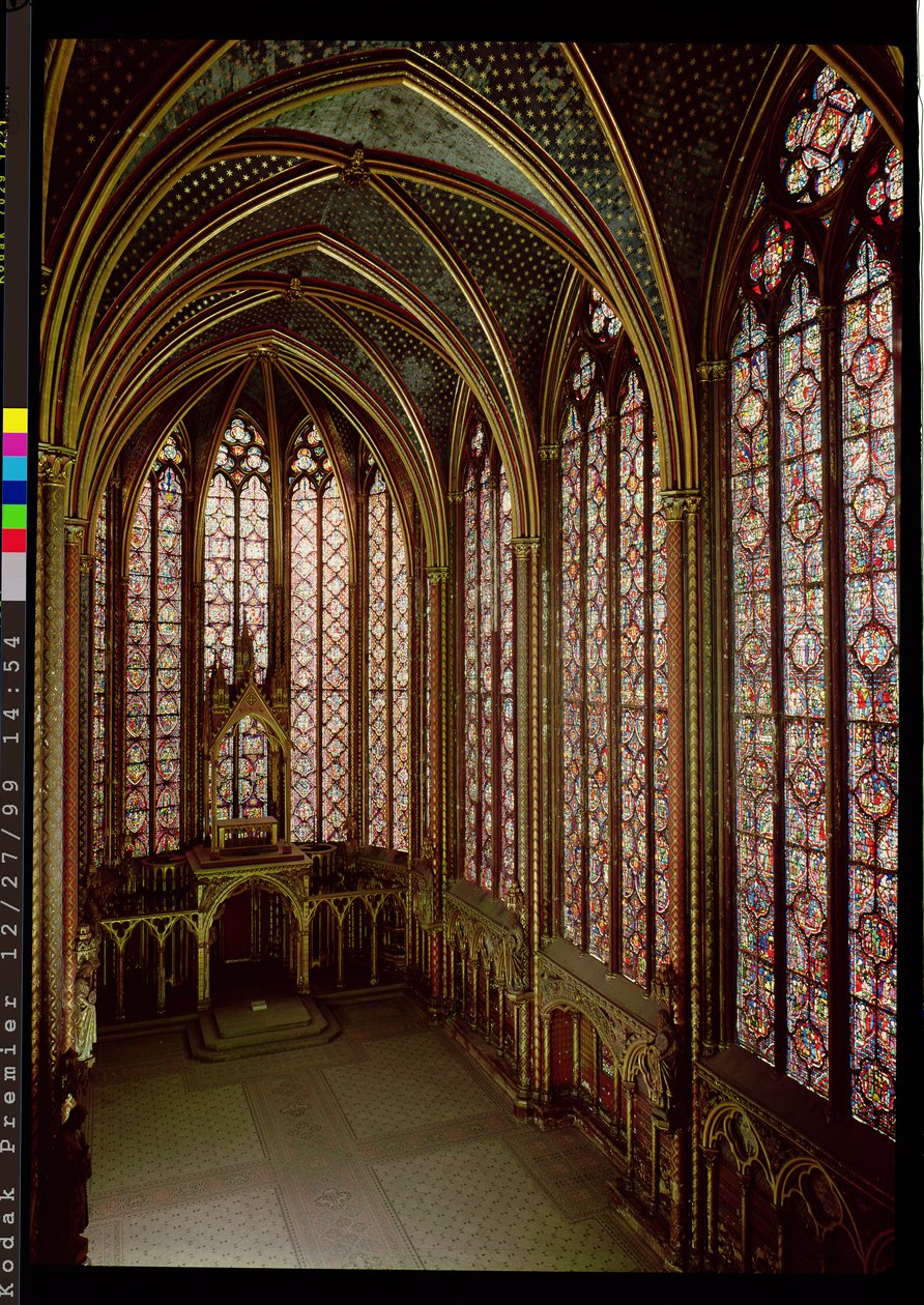 View of the stained glass windows in the upper chapel by French School
