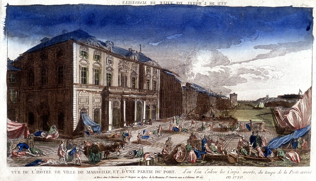 View of the town hall of Marseille and part of the harbour, from which the dead bodies of the time of the plague arrived in 1720 - engraving by French School