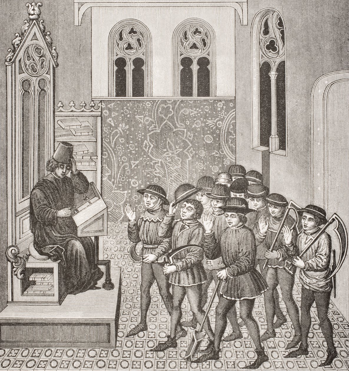 Villains receiving their Lords Orders before going to Work, after a miniature in a 15th century manuscript, from Le Moyen Age et La Renaissance by Paul Lacroix (1806-84) published 1847 by French School