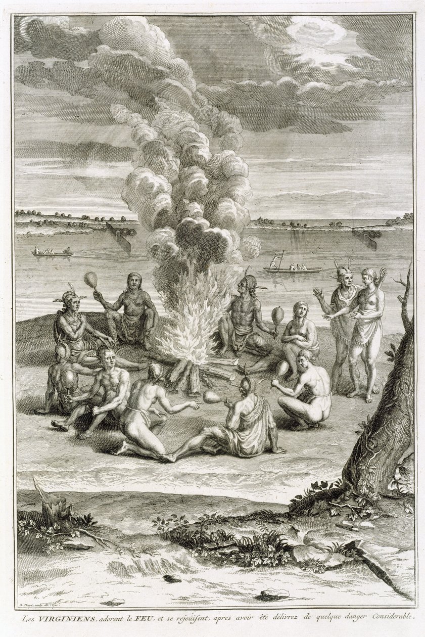 Virginians Worshipping Fire and Rejoicing Having Been Delivered from Considerable Danger, Illustration from Religious Ceremonies and Customs, Engraved by Bernard Picart by French School