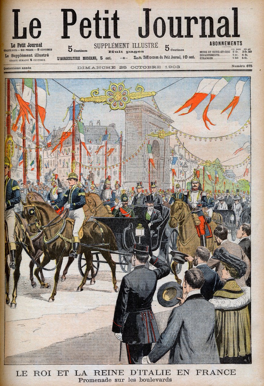 Visit of the King and Queen of Italy to France. The King and Queen of Italy in France. Promenade on the boulevards with Le President of the French Republic Emile Loubet - Illustration for Le Petit Journal, 25 October 1903 - Victor Emmanuel III by French School