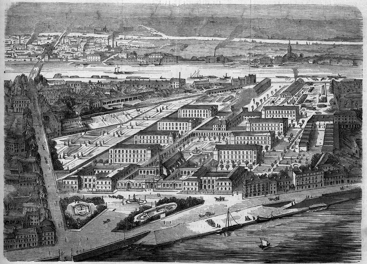 External view of the Hotel Dieu in Nantes, inaugurated in 1863. This hospital will be almost entirely destroyed during a bombing in 1943. Loire Atlantique (44). Engraving in "Le Monde Illustre" n°347 of 5 December 1863 by French School