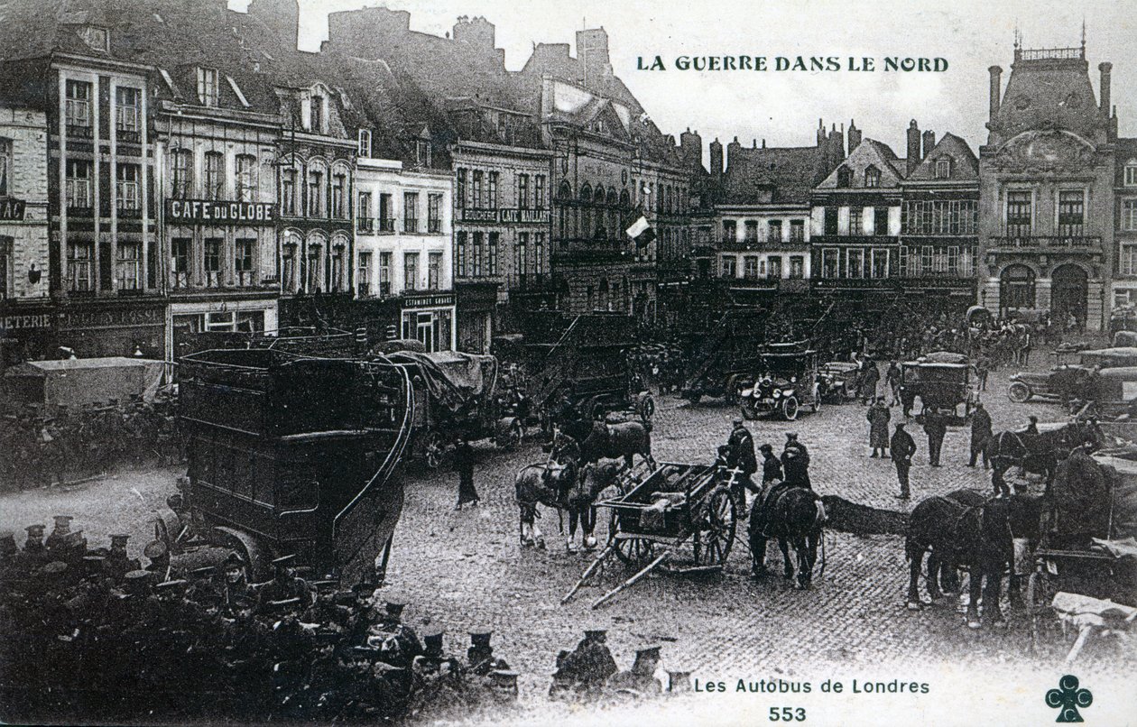 War in the North: London buses of the British Expeditionary Force in the main square at Bethune in 1915 by French School