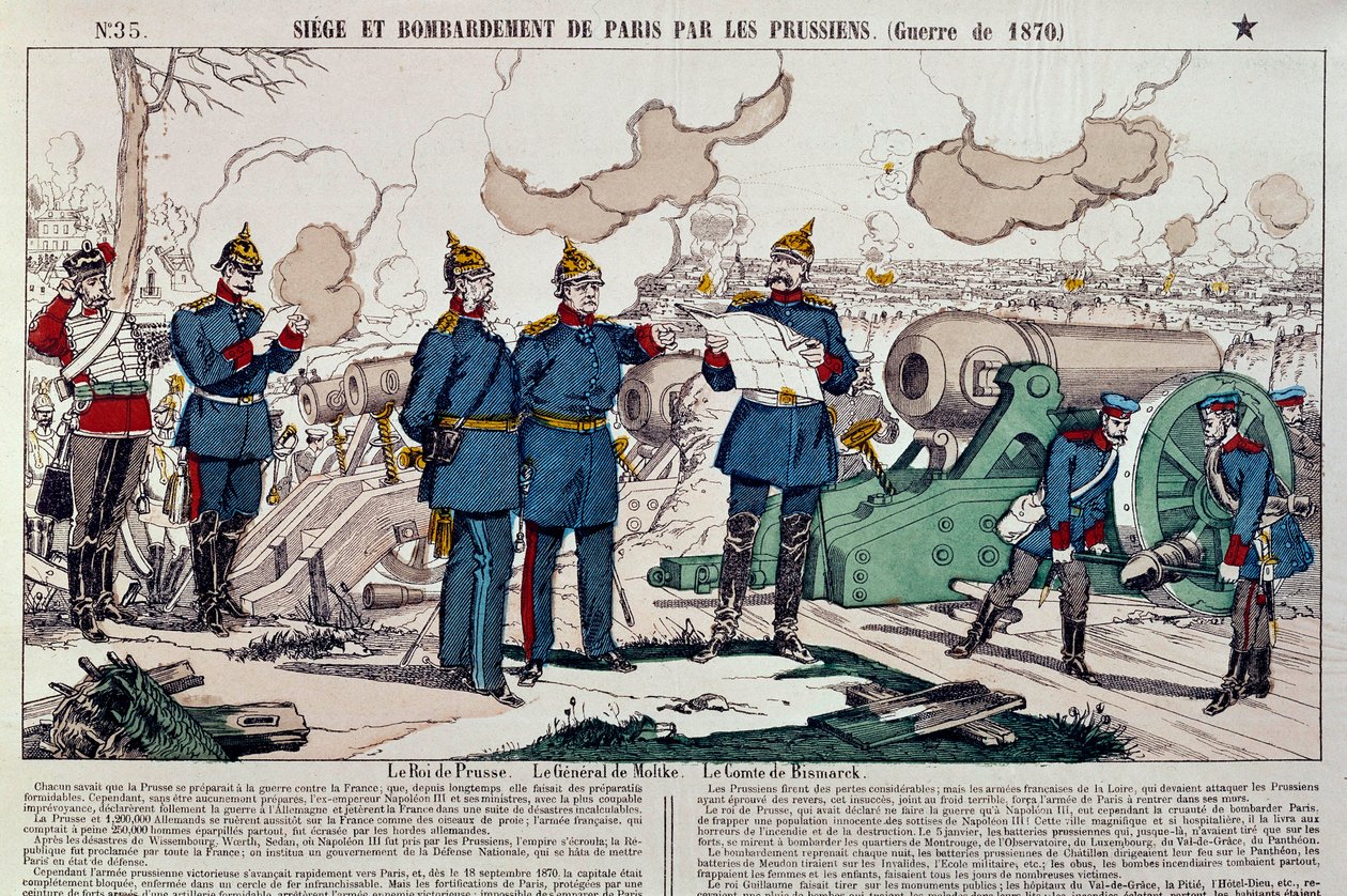 War of 1870: siege and bombardment of the city of Paris by the Prussians. Prussian King William I, General Moltke and Chancellor Otto von Bismarck took counsel by French School