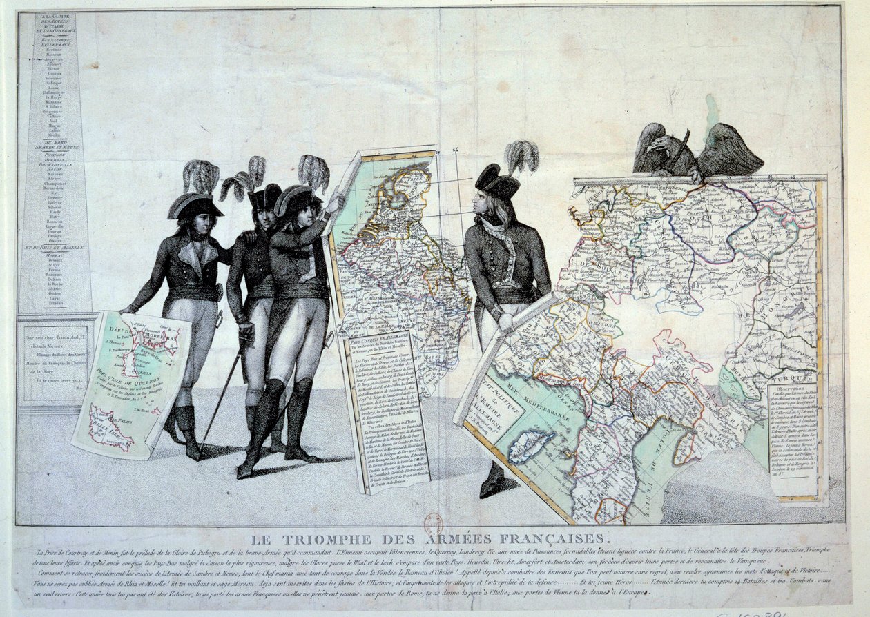 Wars of the Revolution: General Napoleon Bonaparte holding a map of Italy (at the time of the Italian Campaign) to complete the puzzle of the territories conquered by France. On the left, probably generals Hoche, Pichegru and Jean Victor by French School
