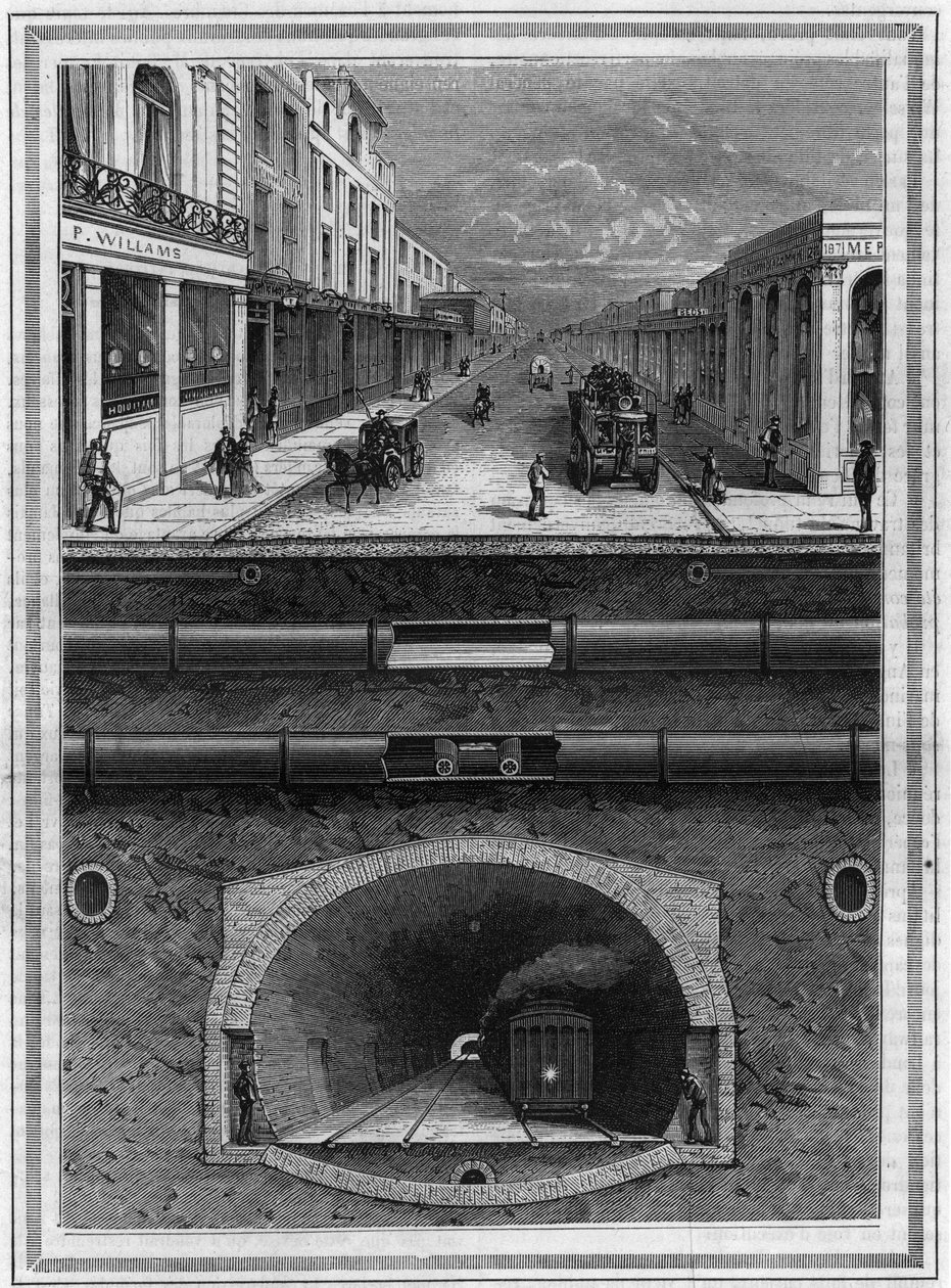 What is under the pavement of London (Great Britain): Gas pipe, water pipe, pneumatic tube for waste, drains, tunnel and rail line for metropolitan areas. Engraving in 