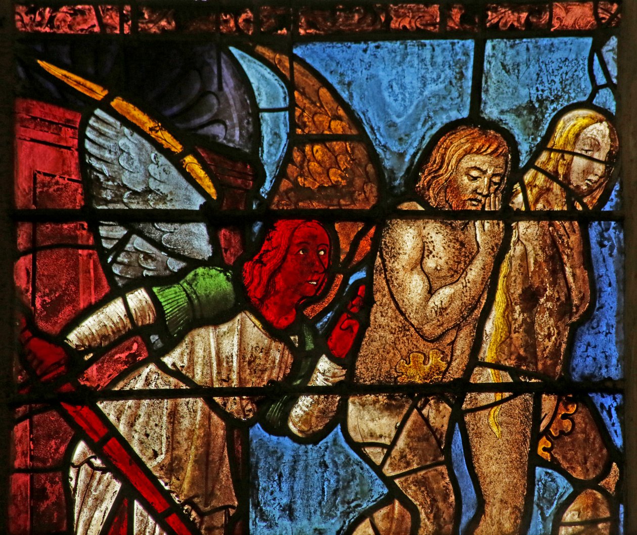 Window depicting Adam and Eve being expelled from Eden by French School