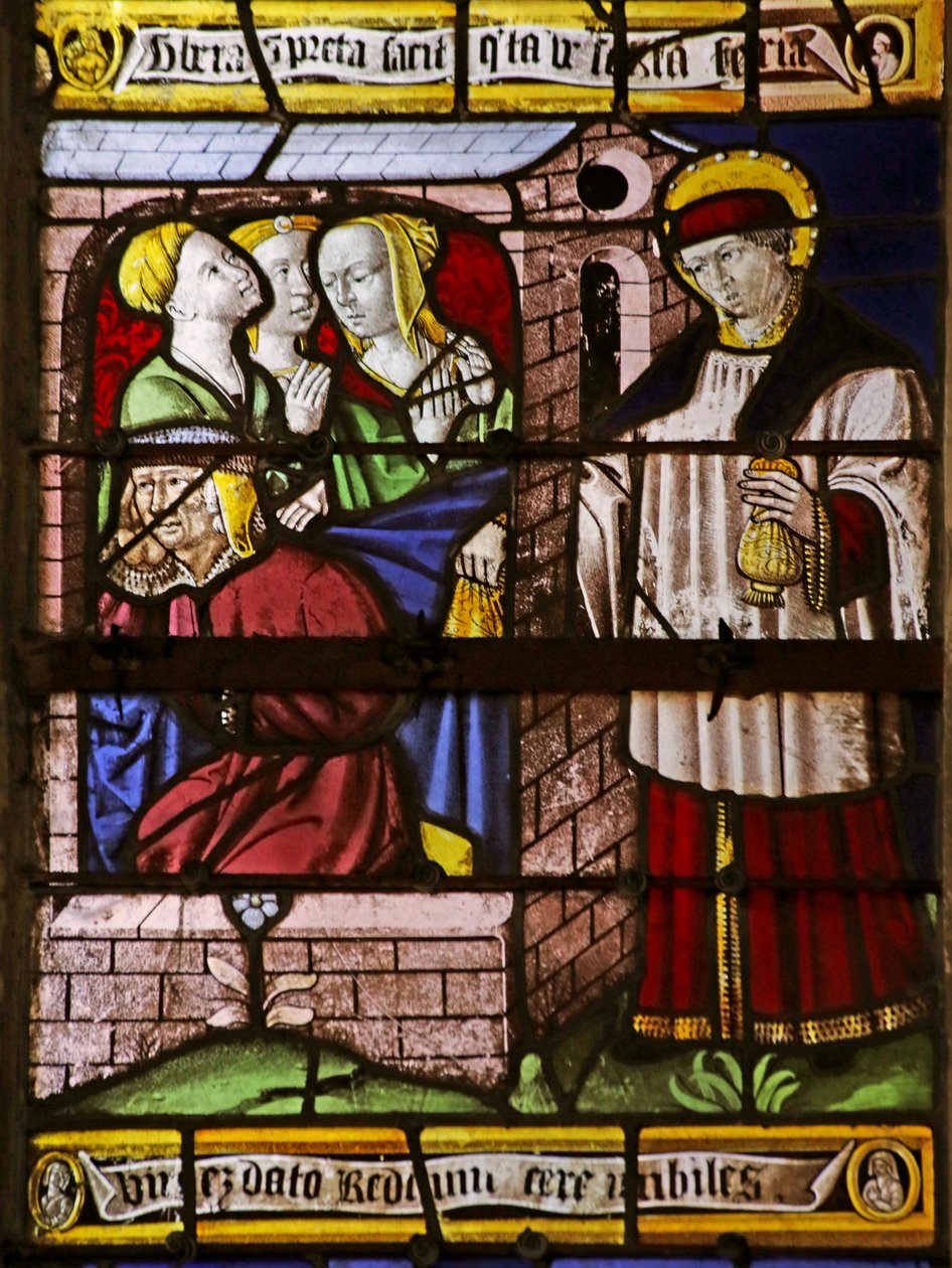 Window depicting Saint Nicholas leaving money for the father of three girls to avoid their going into prostitution by French School