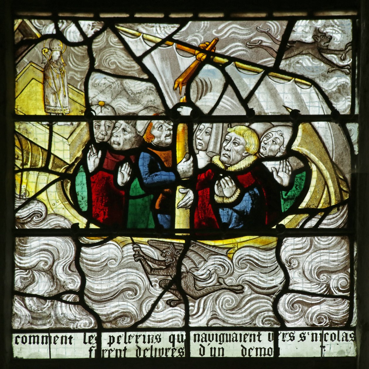Window depicting Saint Nicholas saving pilgrims from being shipwrecked in a storm by French School