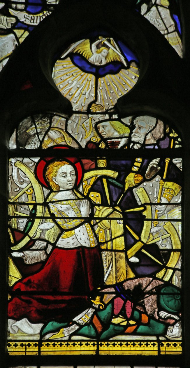 Window depicting St Catherine praying and Angels breaking the wheel by throwing stones by French School