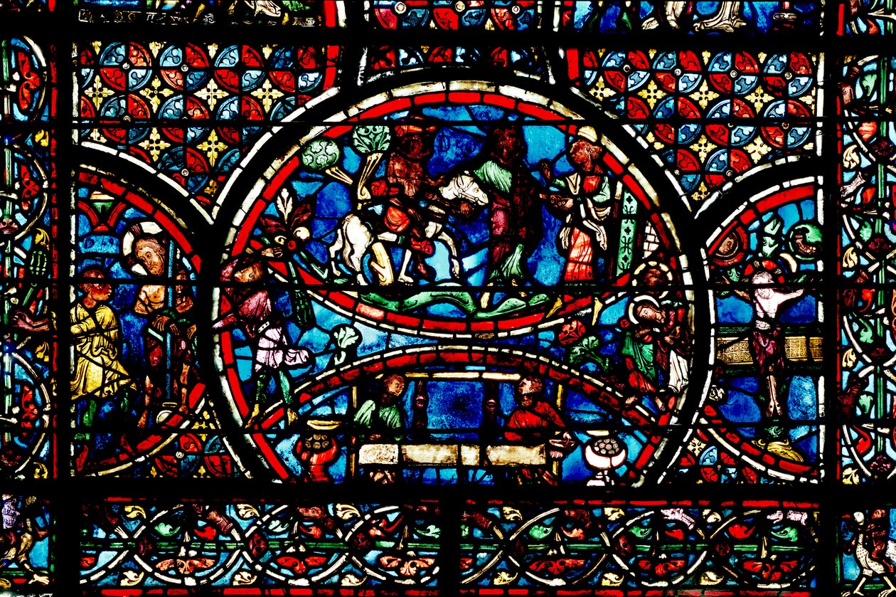 Window depicting the Good Samaritan and the Guild of Weavers by French School