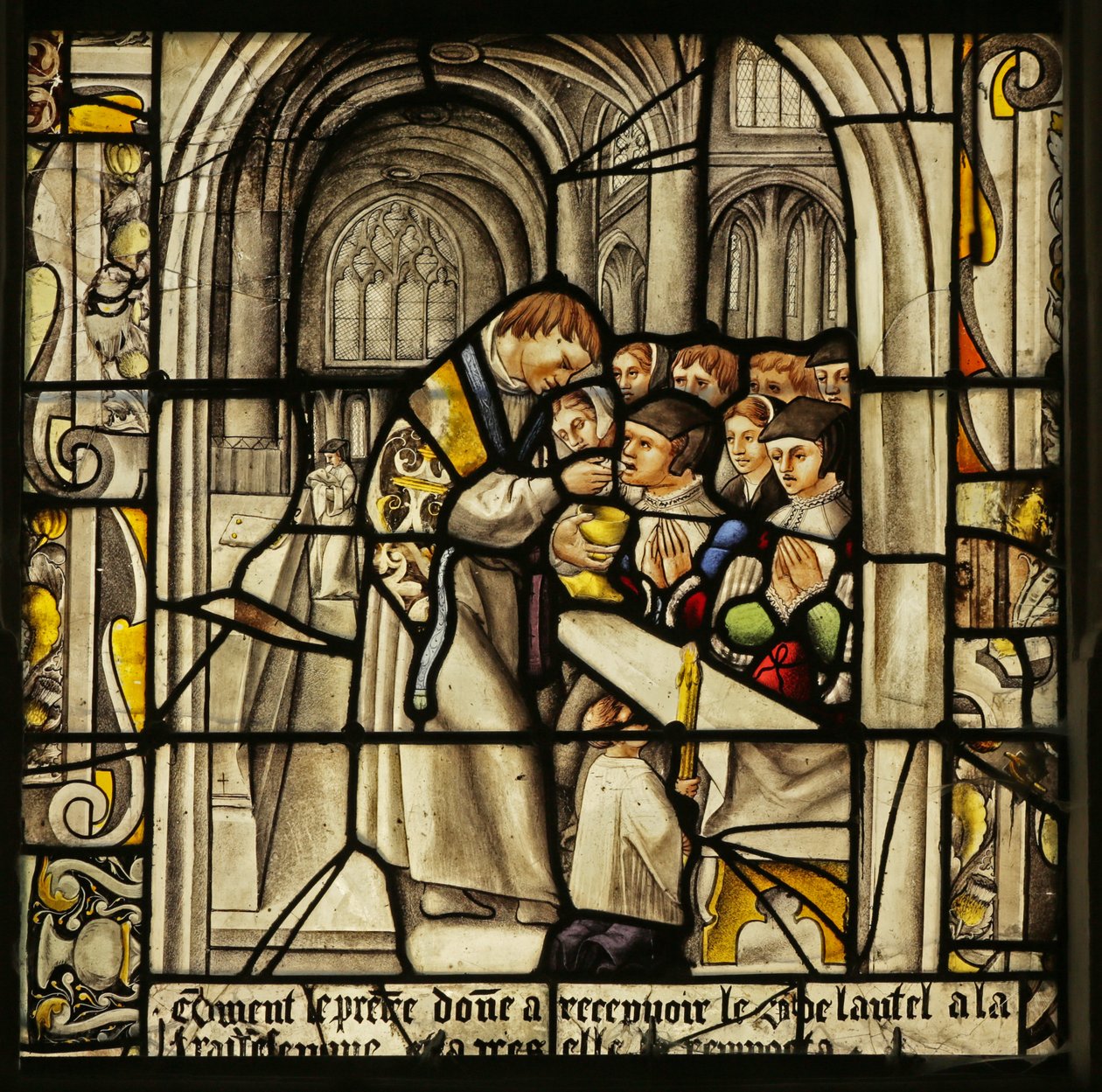 Window depicting the Miraculous Host: the Host is Stolen during Communion by French School