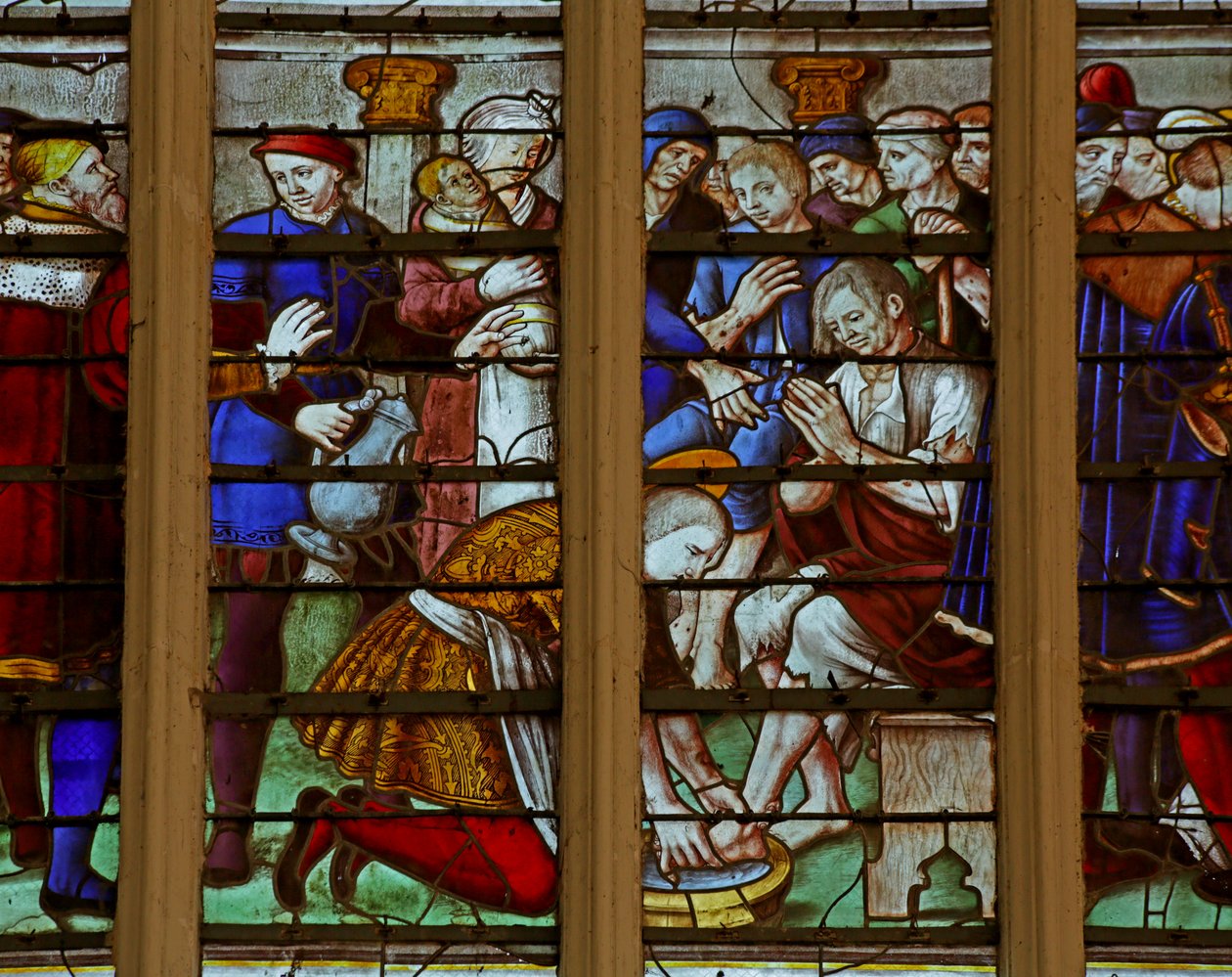 Window depicting the Pious and Charitable acts of Saint Louis undergoing flagellation by French School
