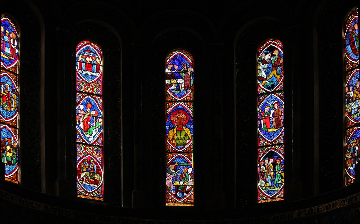 Window depicting the east windows of the apse with reset thirteenth century French panels by French School