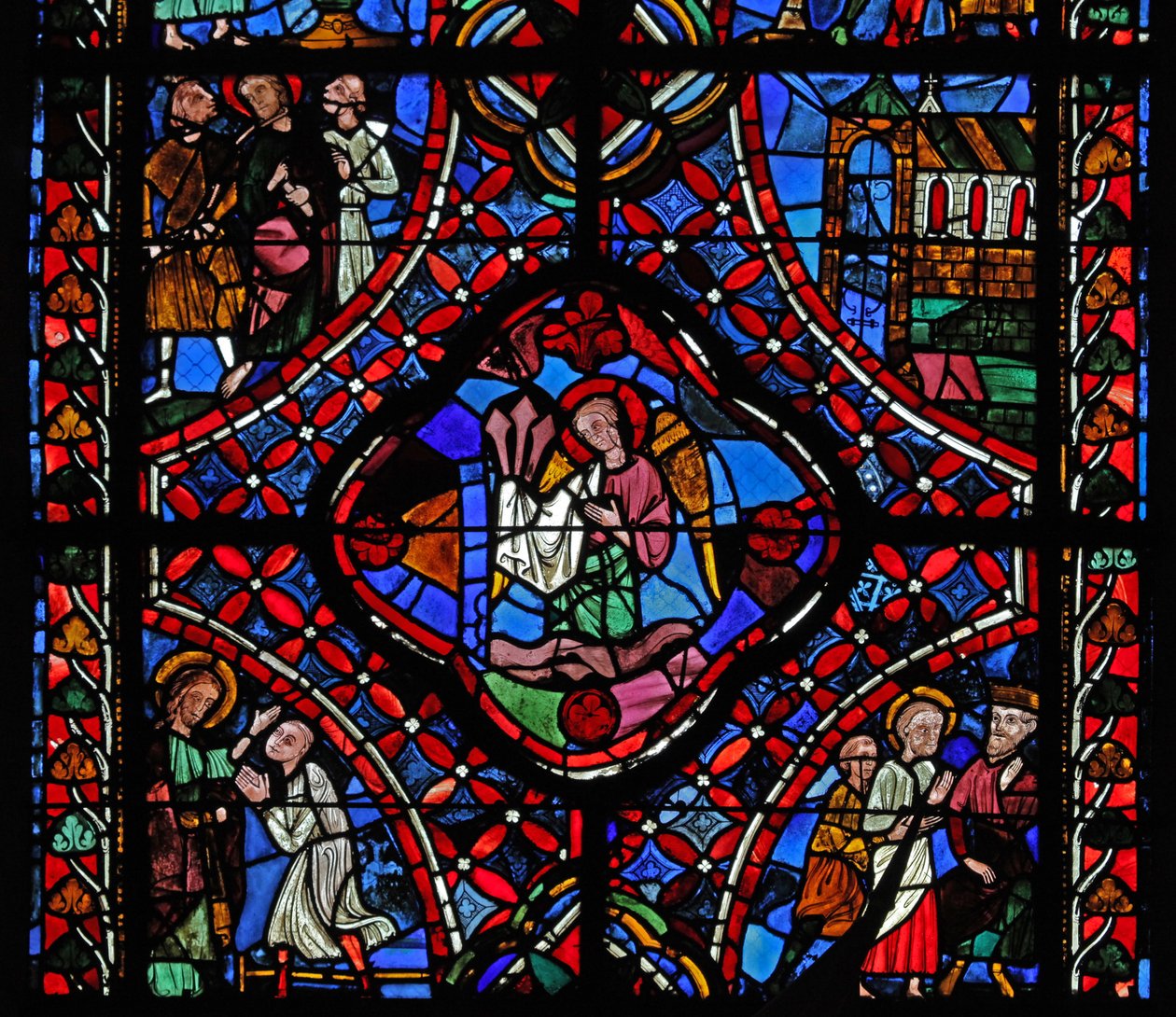 Window depicting the second section of the St James window: in the centre are the nails of the Passion; Philetus is converted; Hermogenes with St James; a church; St James with 2 men by French School