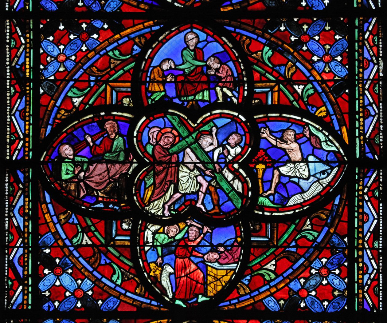 Window depicting the second section of the Way of the Cross: with Jonah and the whale; Abraham