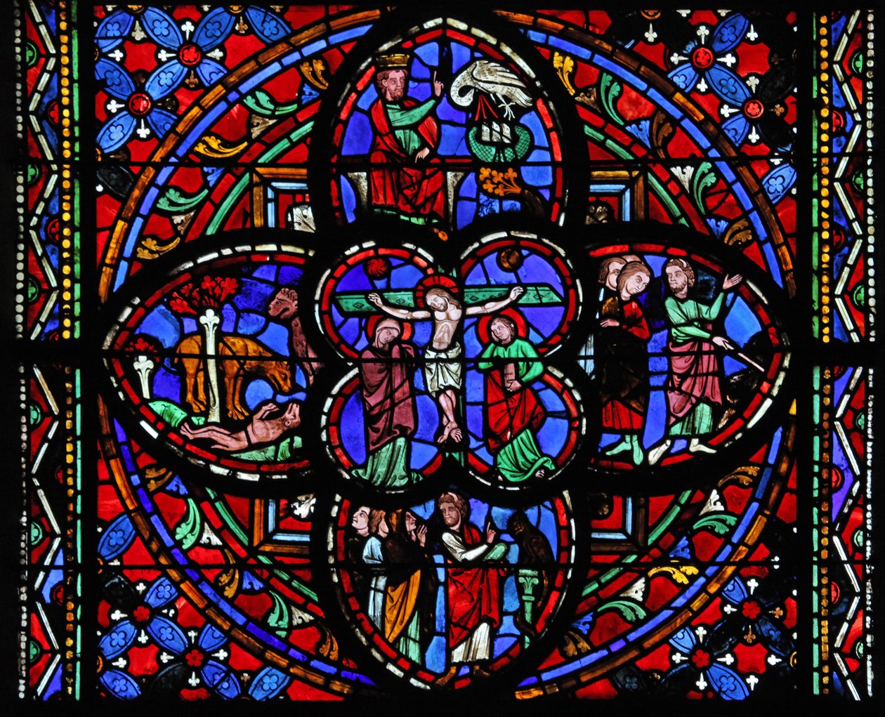 Window depicting the third section with the Crucifixion: also Moses strikes the rock at Horeb; the brazen serpent; a lion revives its young; David and the Pelican by French School
