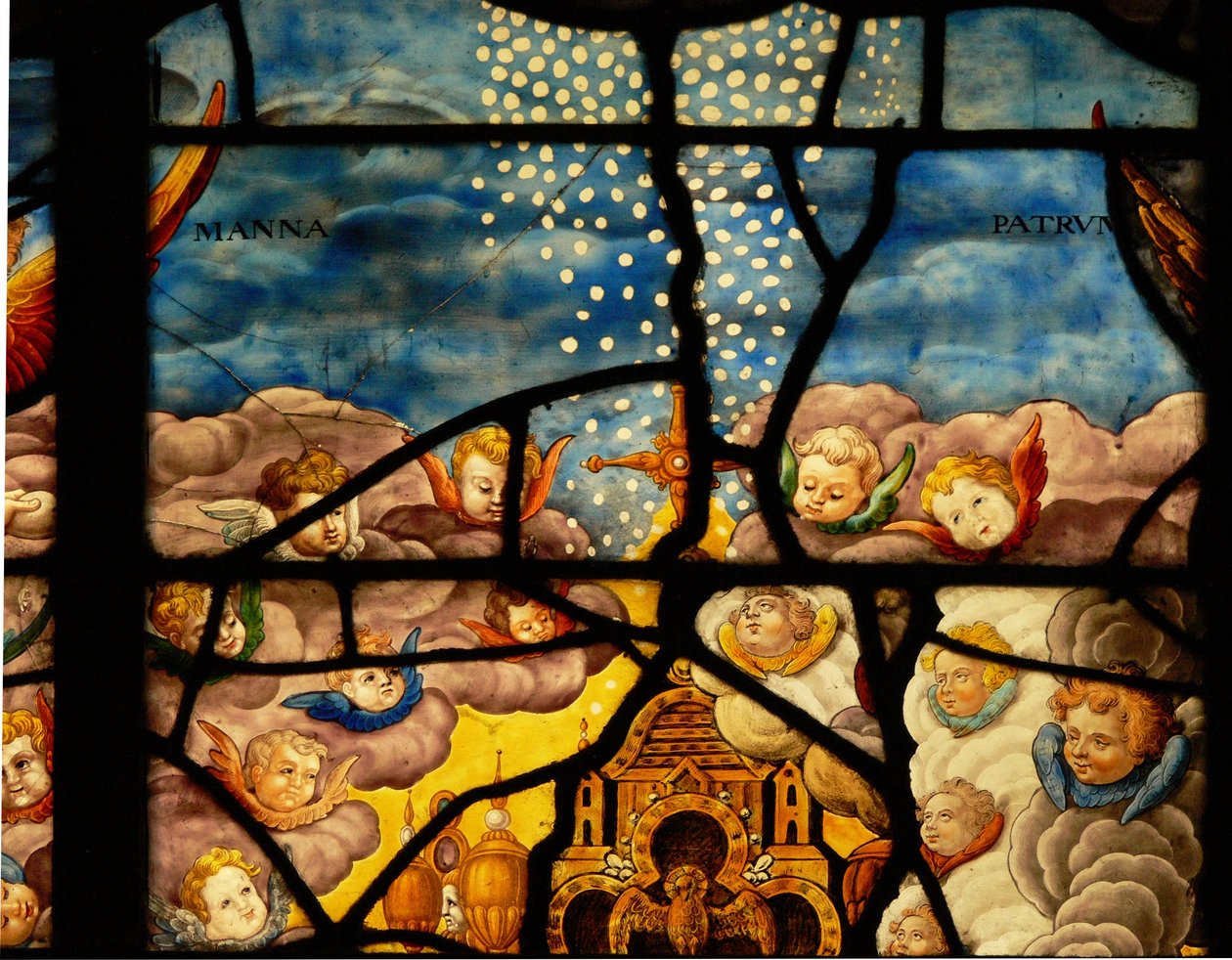 Window in the Charnier depicting the Adoration of the Host: Manna from Heaven: cherubs by French School
