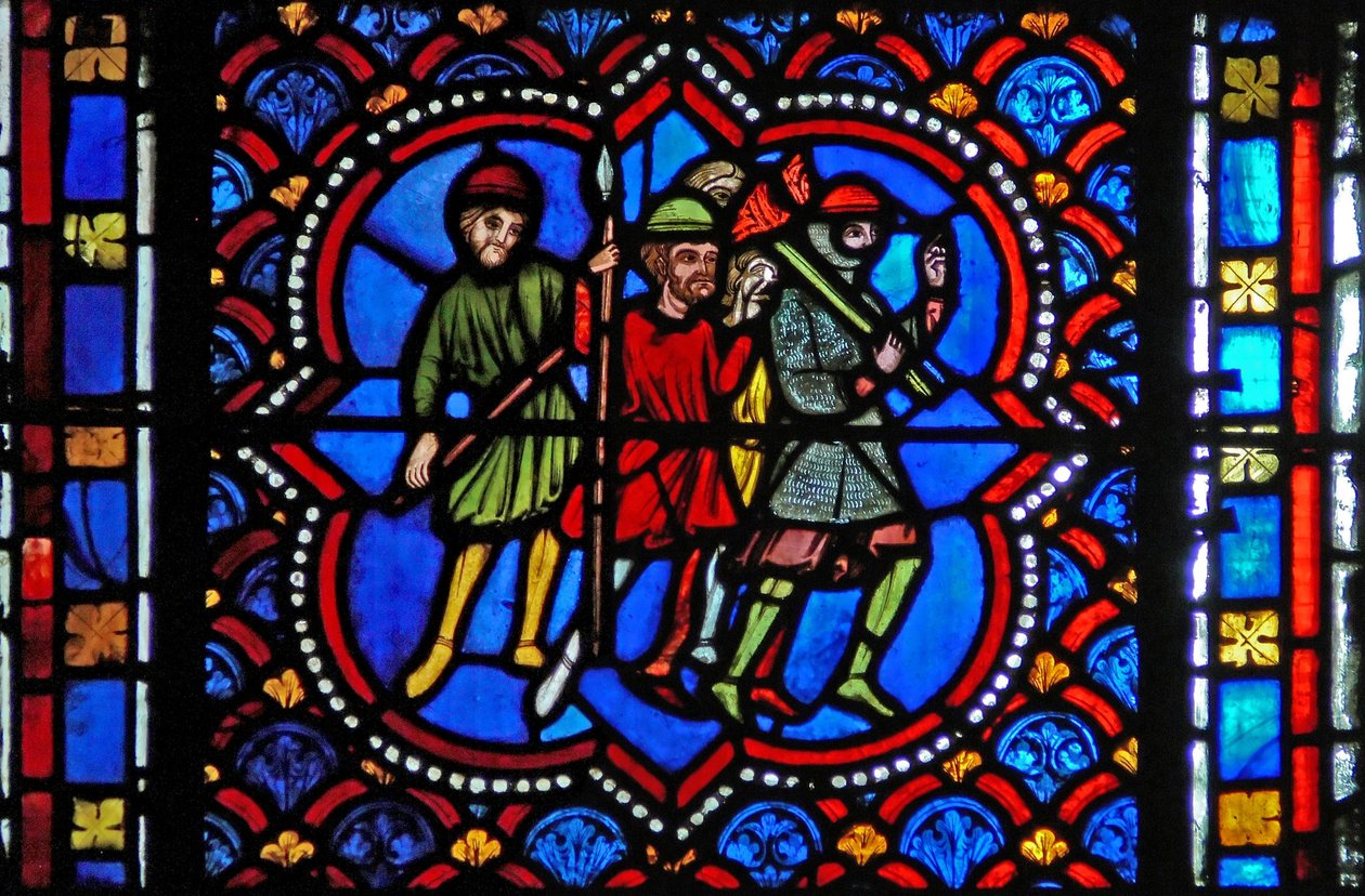 Window s2-L depicting people about to arrest Christ in Gethsemane by French School