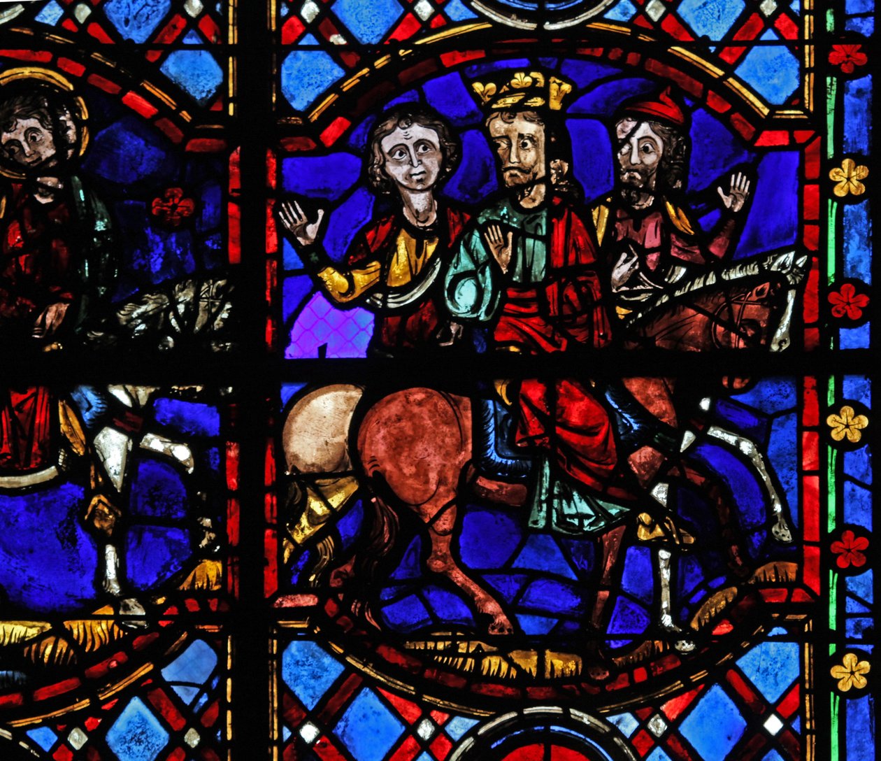Window depicting bystanders to a scene on horseback by French School