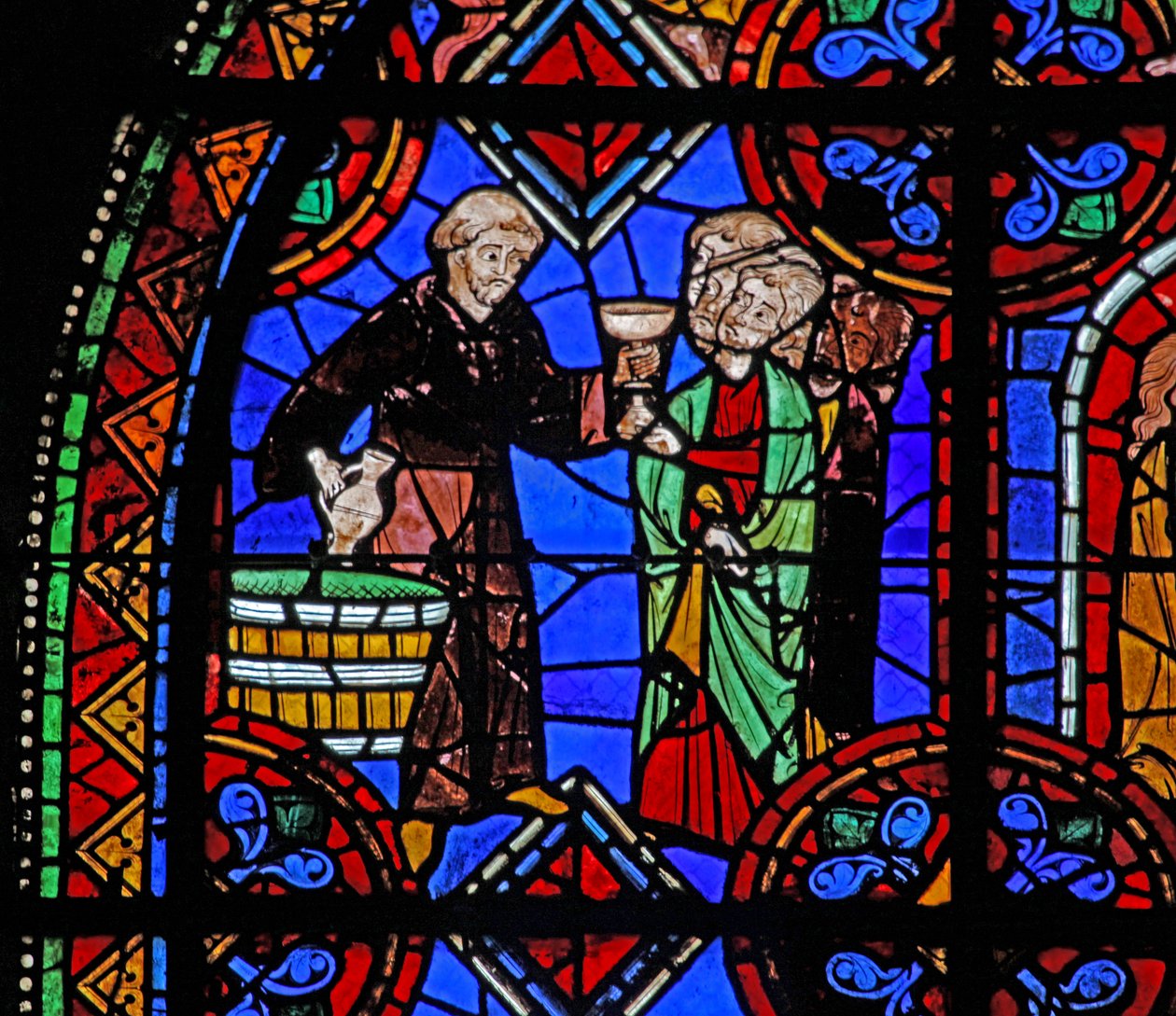 Window depicting Pilgrims at the tomb of St Julian of Brioude where wine is distributed by French School