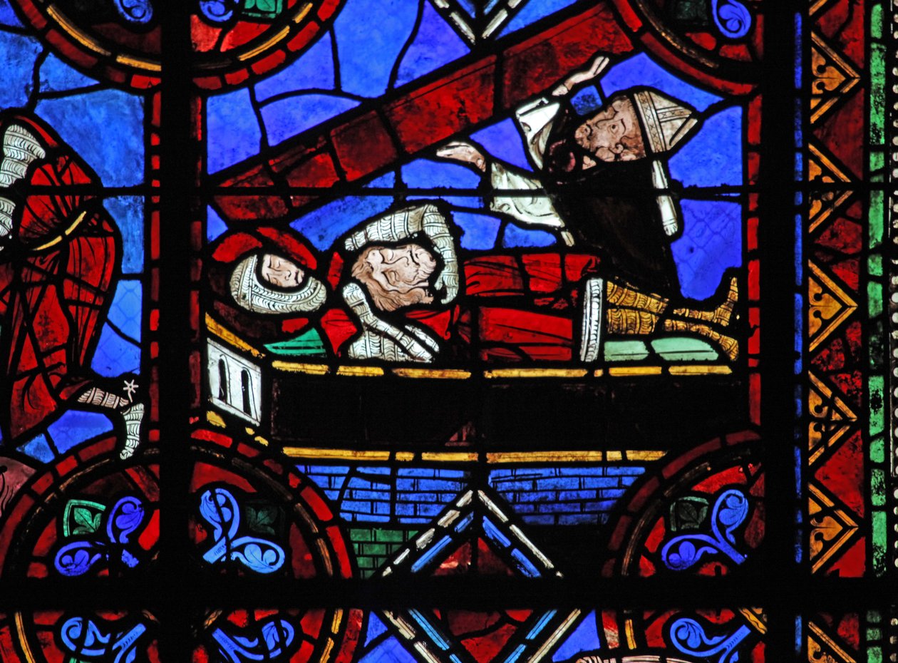 Window depicting St Julian of Brioude story - the death of St Ferreol, a friend of Julien, who died during the Diocletian persecutions; St Ferreol is buried with St Brioude
