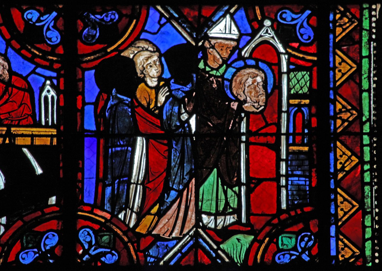 Window depicting St Julian of Brioude story - the death of St Ferreol, a friend of Julien, who died during the Diocletian persecutions; his relics are transferred by French School