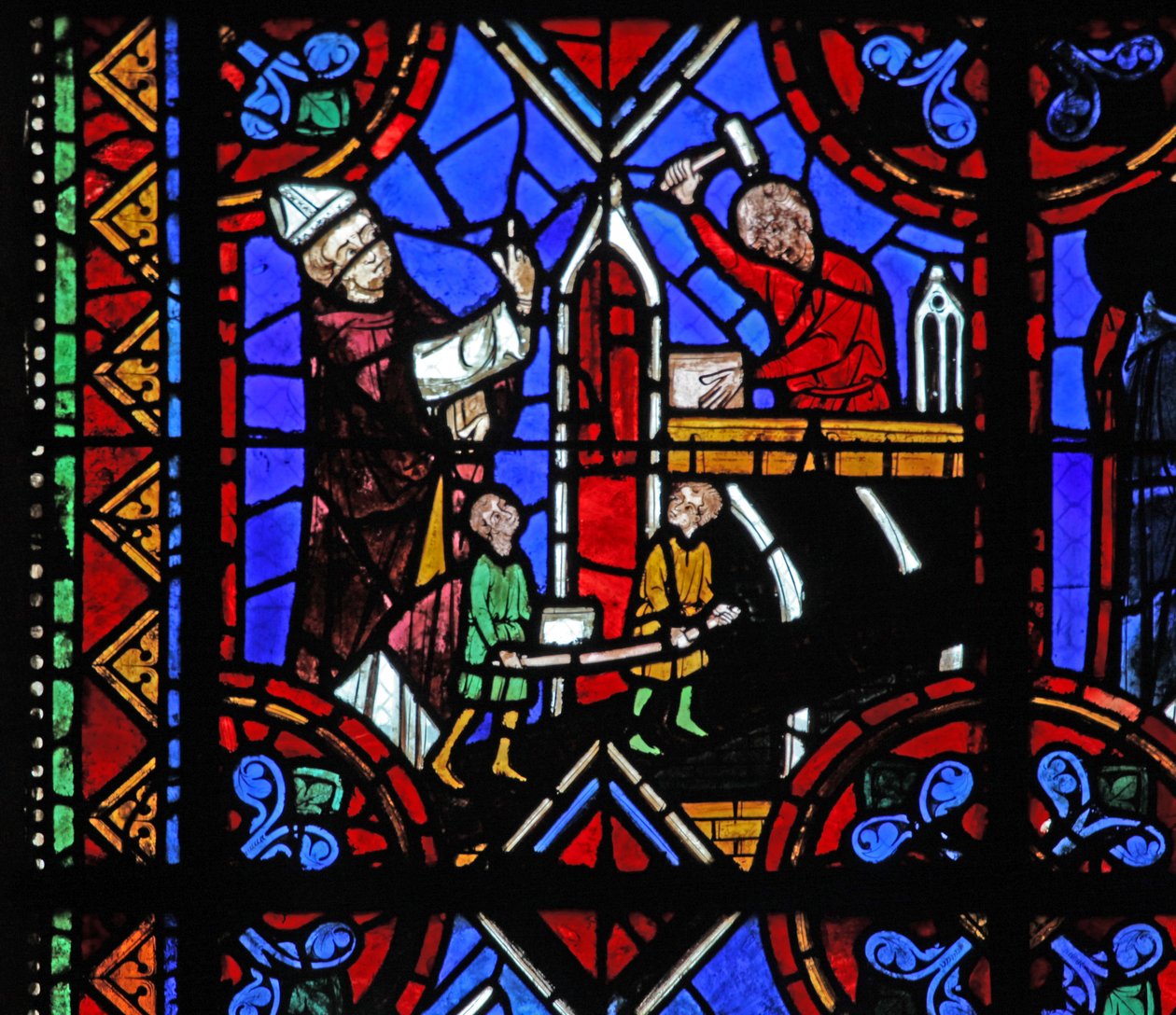 Window depicting the constructing of a church by French School