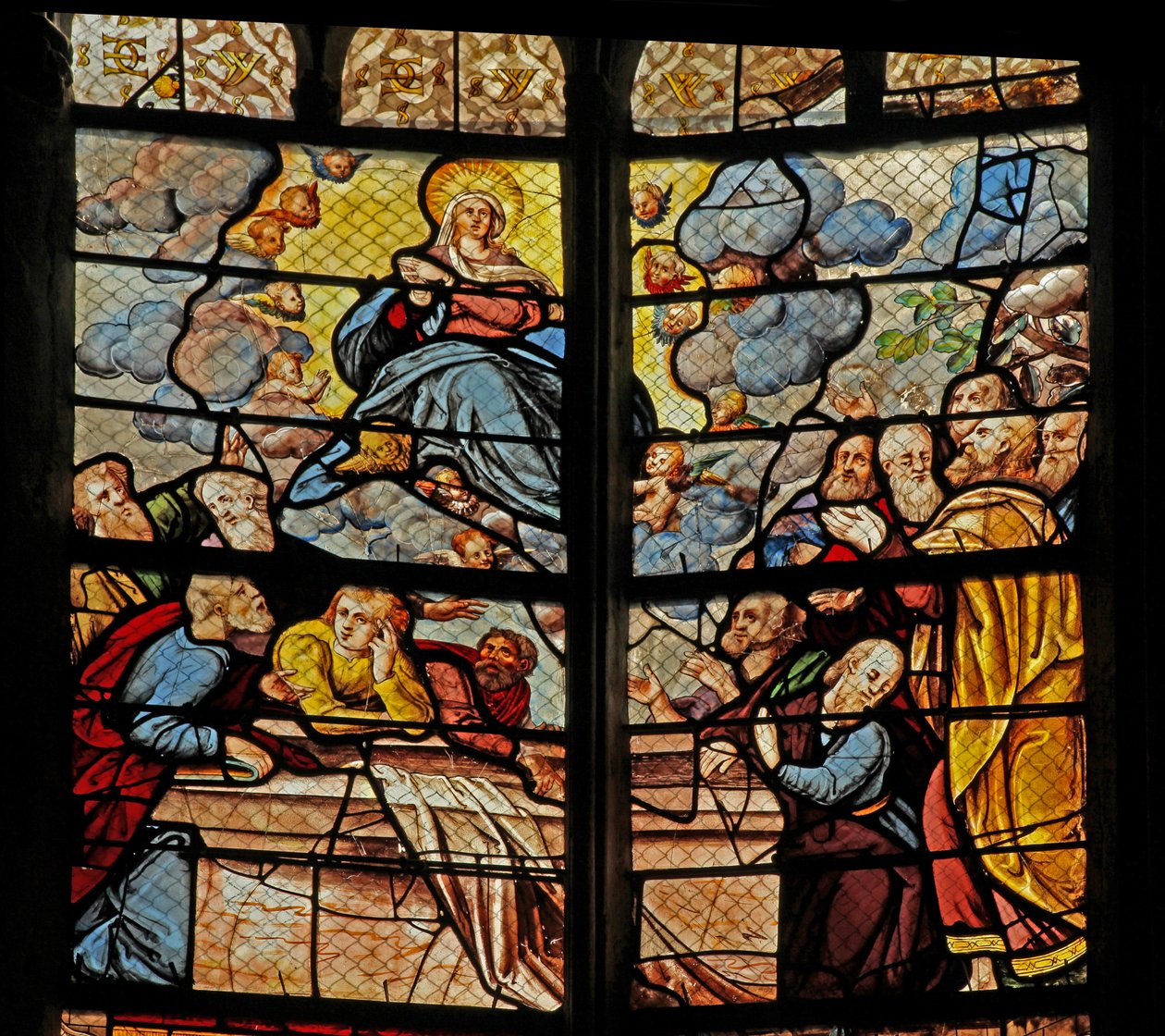 Window depicting the Death and Assumption of the Virgin Mary by French School