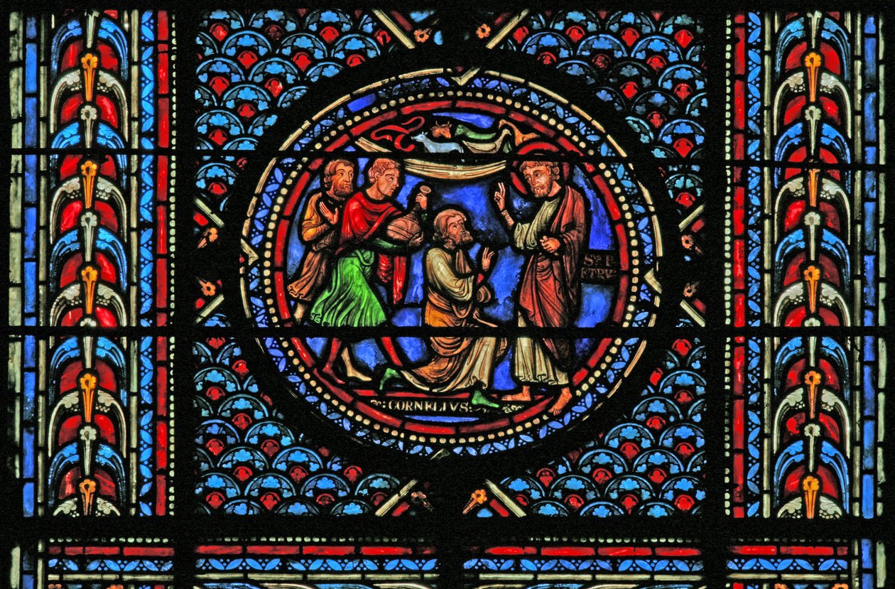 Window w10 depicting St Peter converts the Centurion by French School