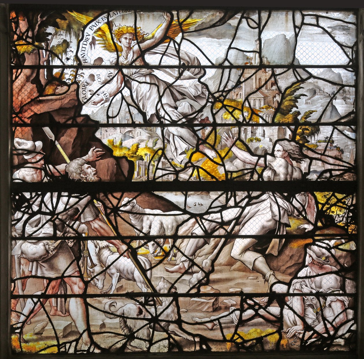 Window w10 depicting the Annunciation to the Shepherds (designs by Durer and adaptations of the Master of Des designs for the Story of Psyche) by French School