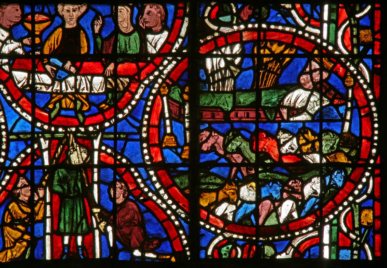 Window depicting a scene from the story of Joseph: the Pharaoh dreams of the 7 fat and 7 thin cattle - symbolising good years and bad by French School