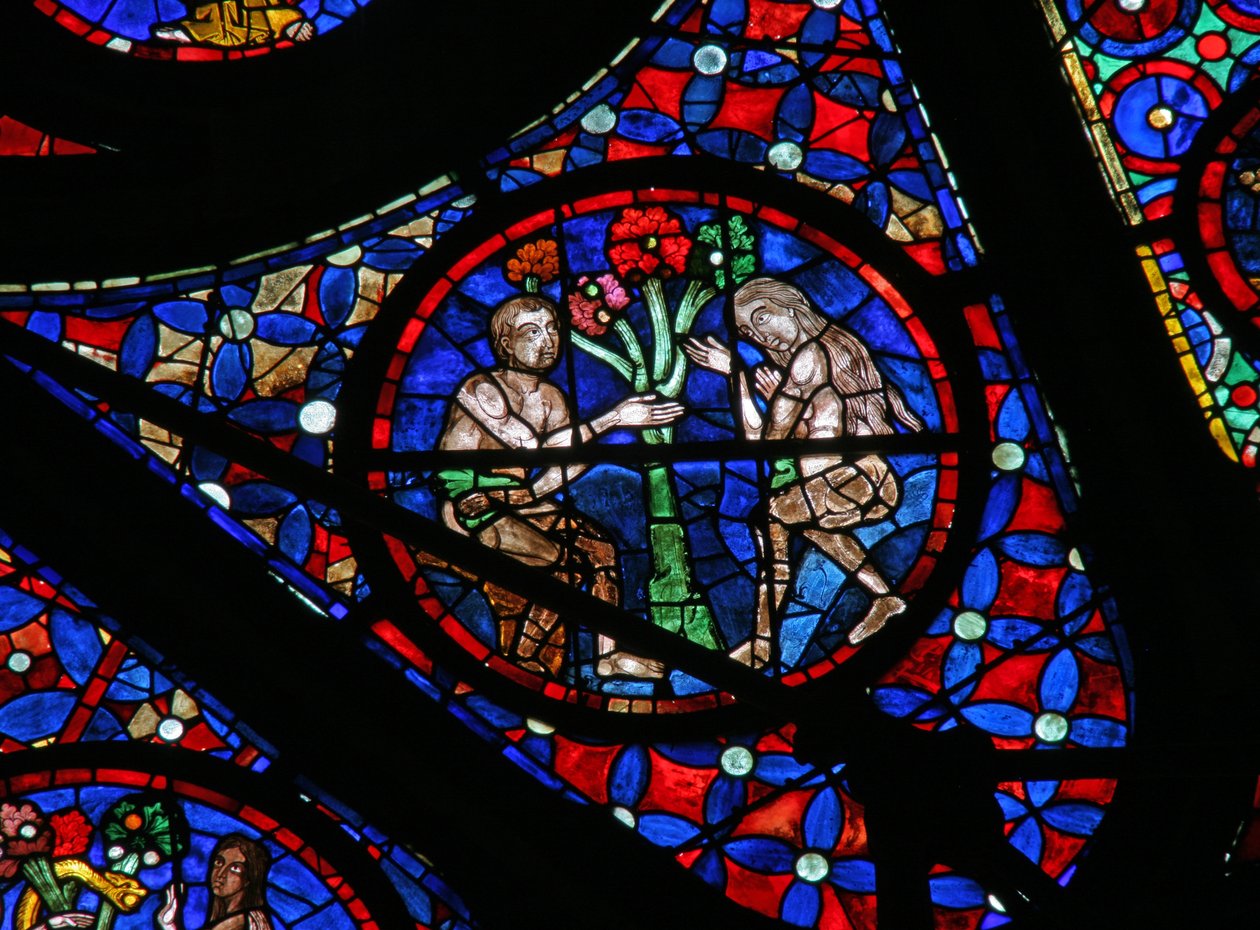 Window w115 depicting Adam and Eve seduced by the Knowledge of the tree of Good and Evil by French School