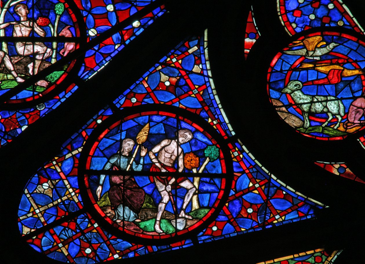Window w115 depicting Adam delves while Eve spins by French School