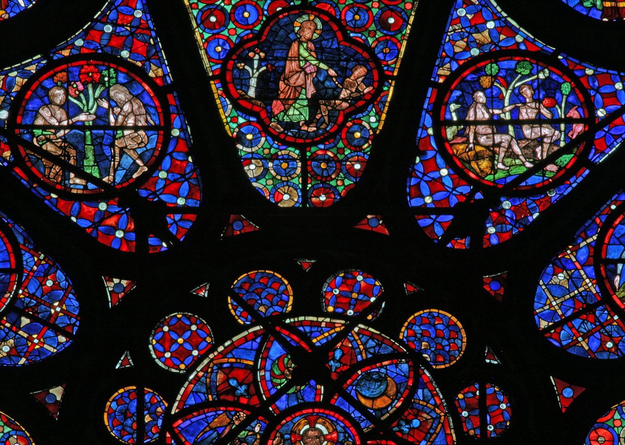 Window w115 depicting God the Creator: Adam and Eve scenes by French School
