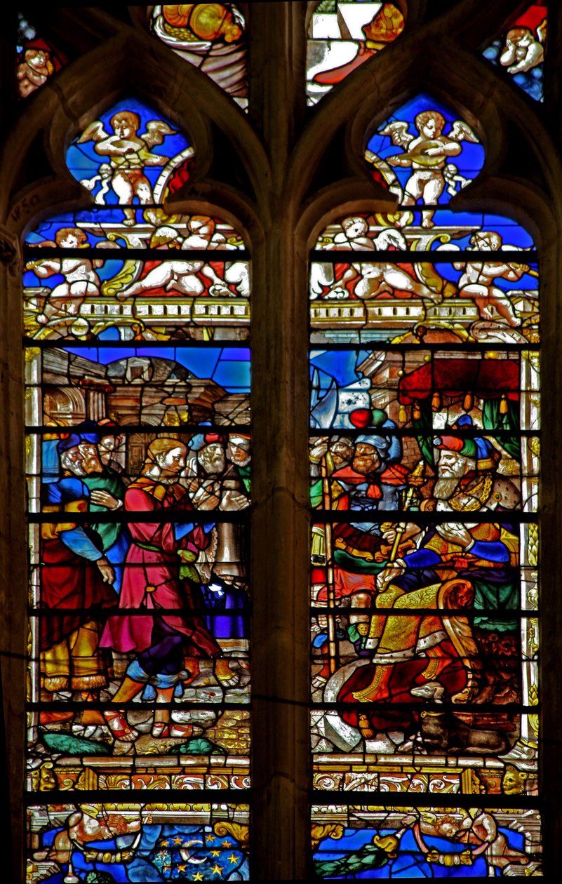 Window w119 depicting Joseph before Pharaoh by French School