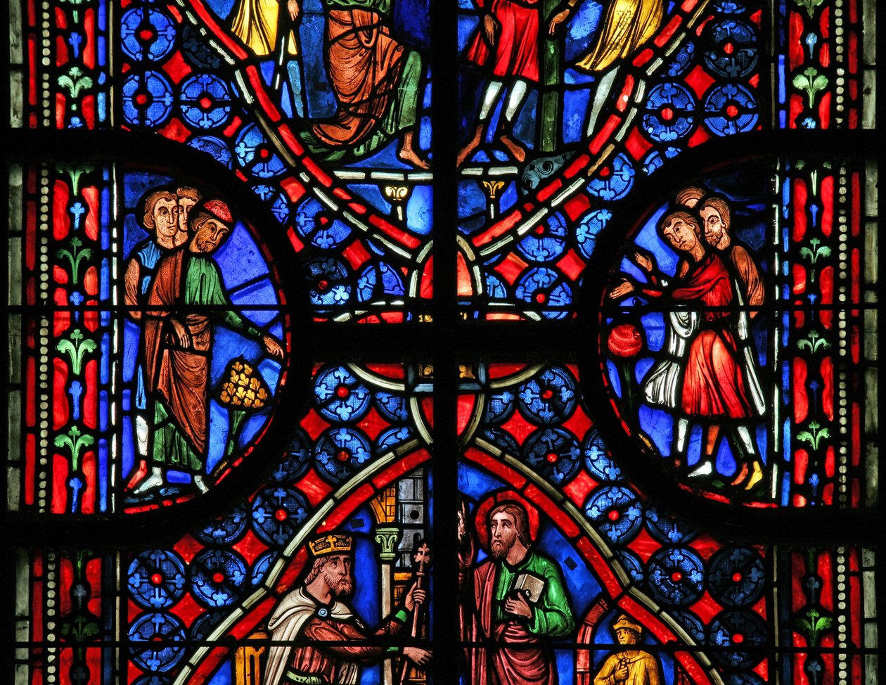 Bystanders, background and border in the St Andrew window by French School