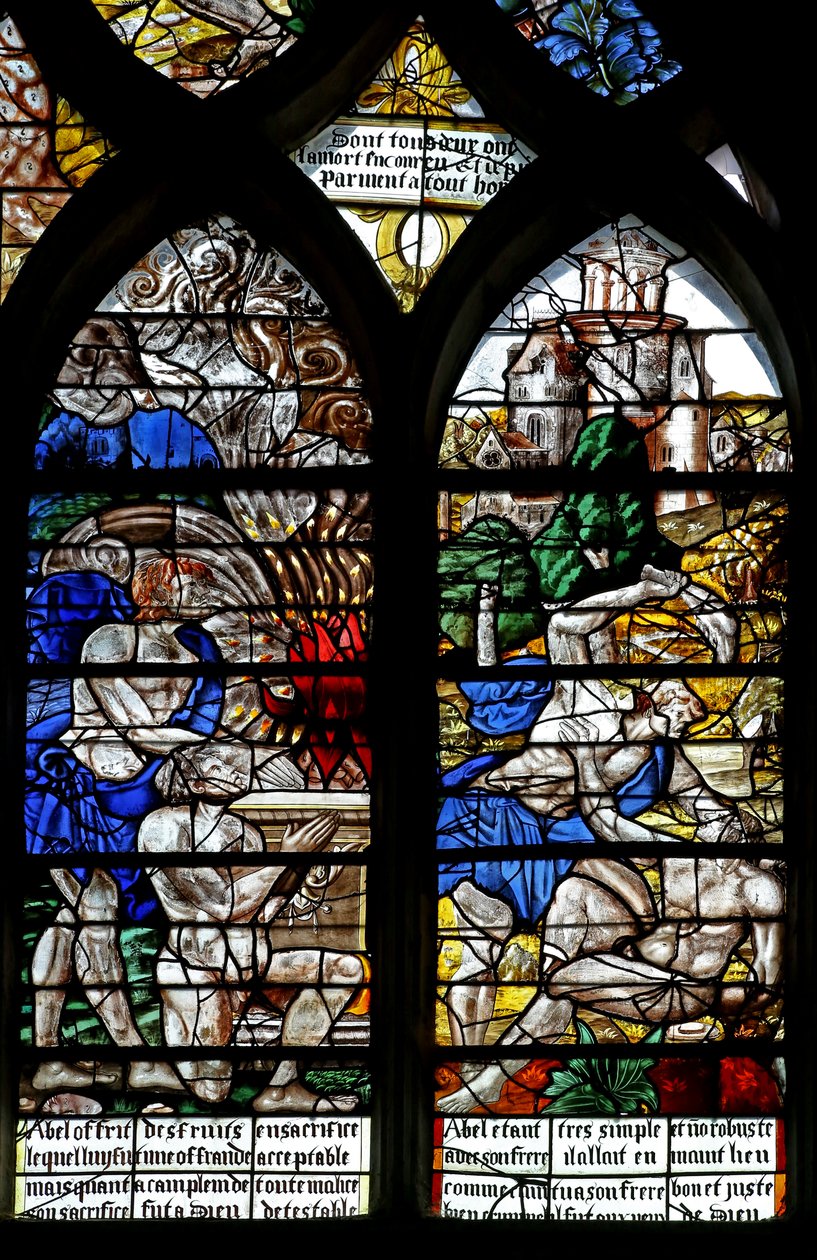 Window w122 depicting Cain and Abel make their offerings; Cain kills Abel by French School