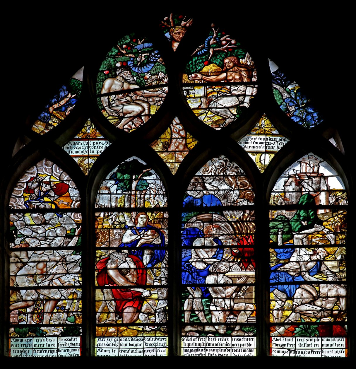 Window w122 depicting the Stories of Adam & Eve and Cain & Abel by French School