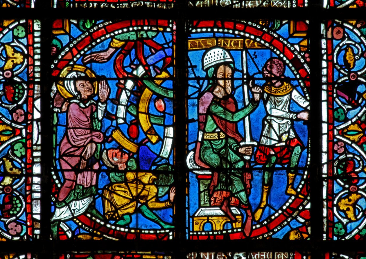 Window w125 depicting a scene from the life of St Catherine: Maxence orders her to be broken on the wheel by French School