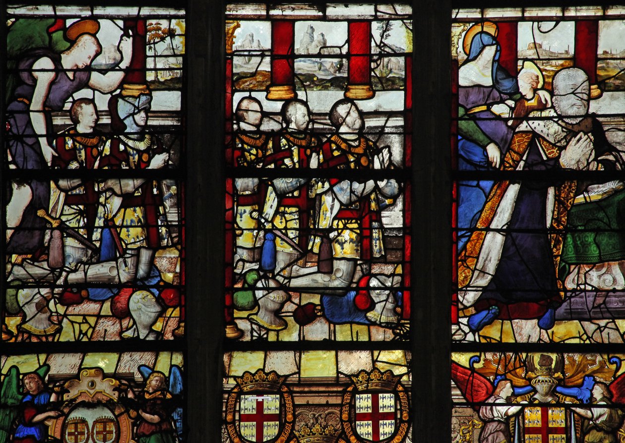 Window depicting Anne de Montmorency with his patron saint St Anne (teaching the Virgin to read) and 5 of his sons by French School