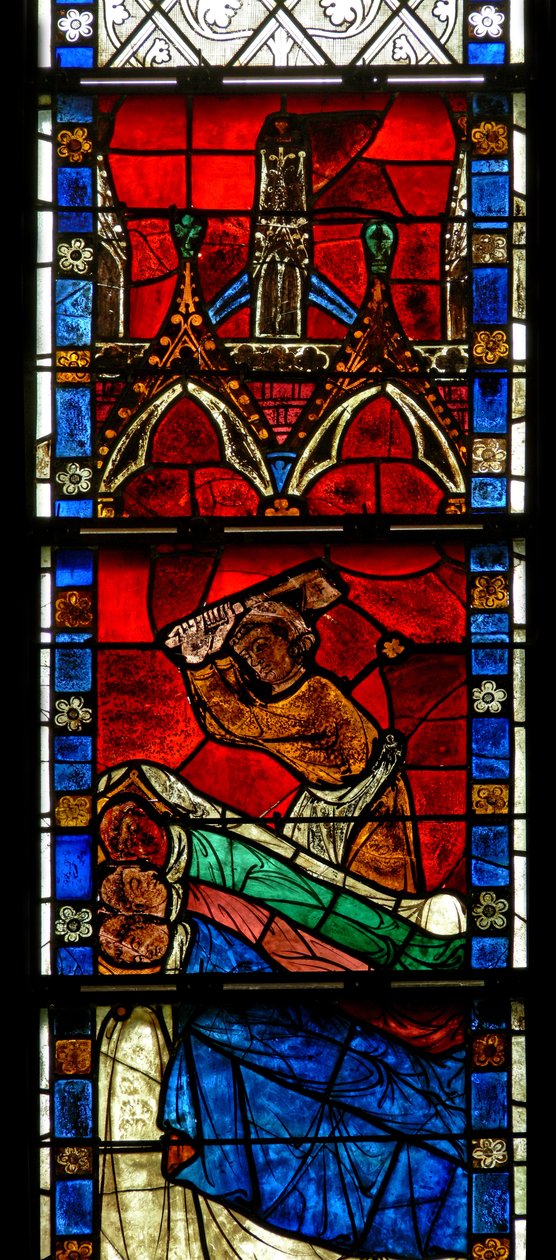 Window w15 depicting a scene from a legend of St Nicholas: the miracle of 3 boys: a butcher kills three boys by French School