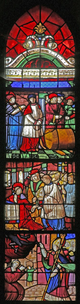 Window depicting the Life of St Remi. Below: delivers a possessed soul. Centre: is offered the bishopric of Reims (engraved) Above: miracle of wine at Cernay by French School