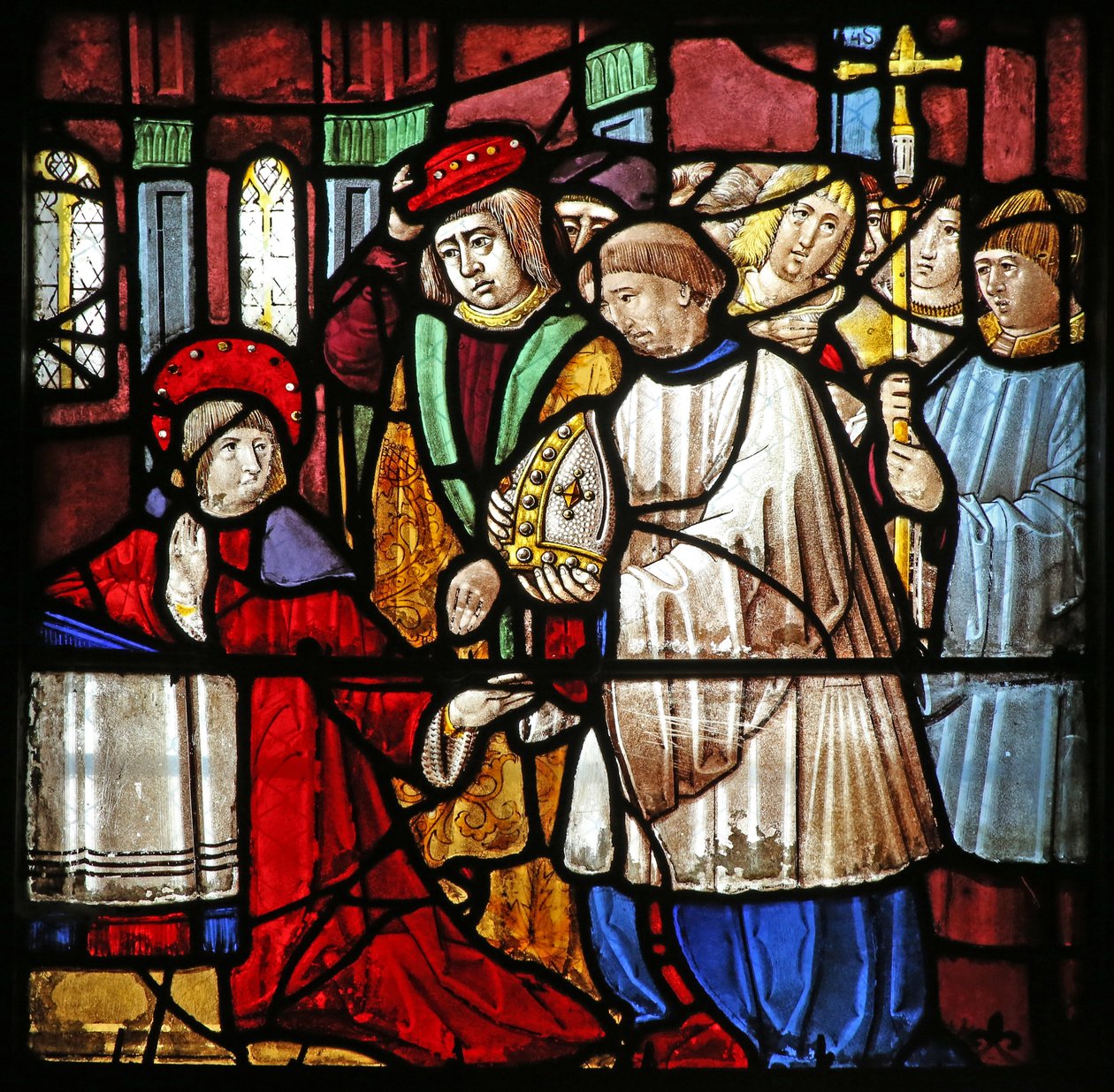 Window depicting the Life of St Remi. He is offered the bishopric of Reims by French School