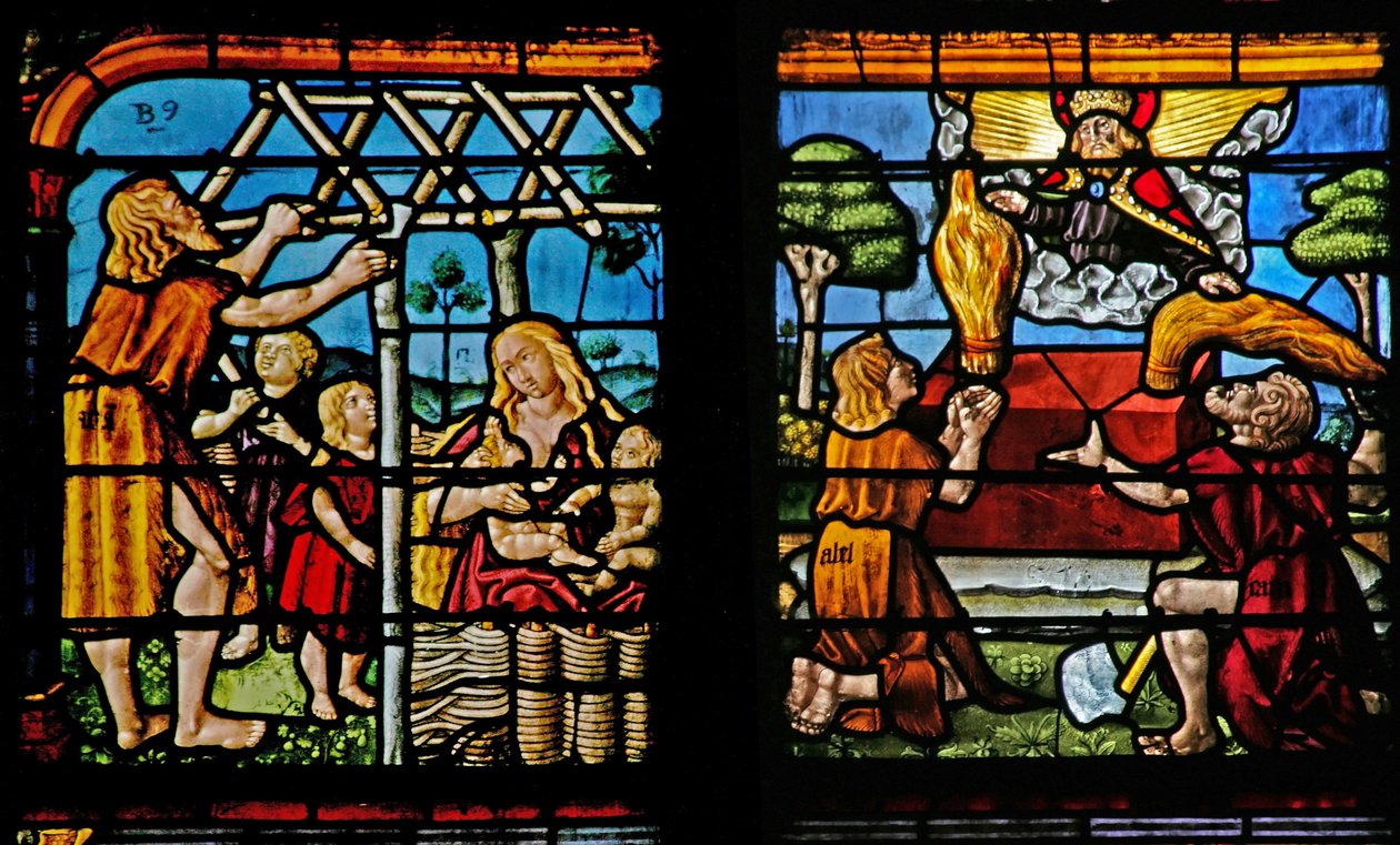 Window depicting Adam building a house and Eve bringing up their children; Cain and Abel making their offerings to the Lord by French School