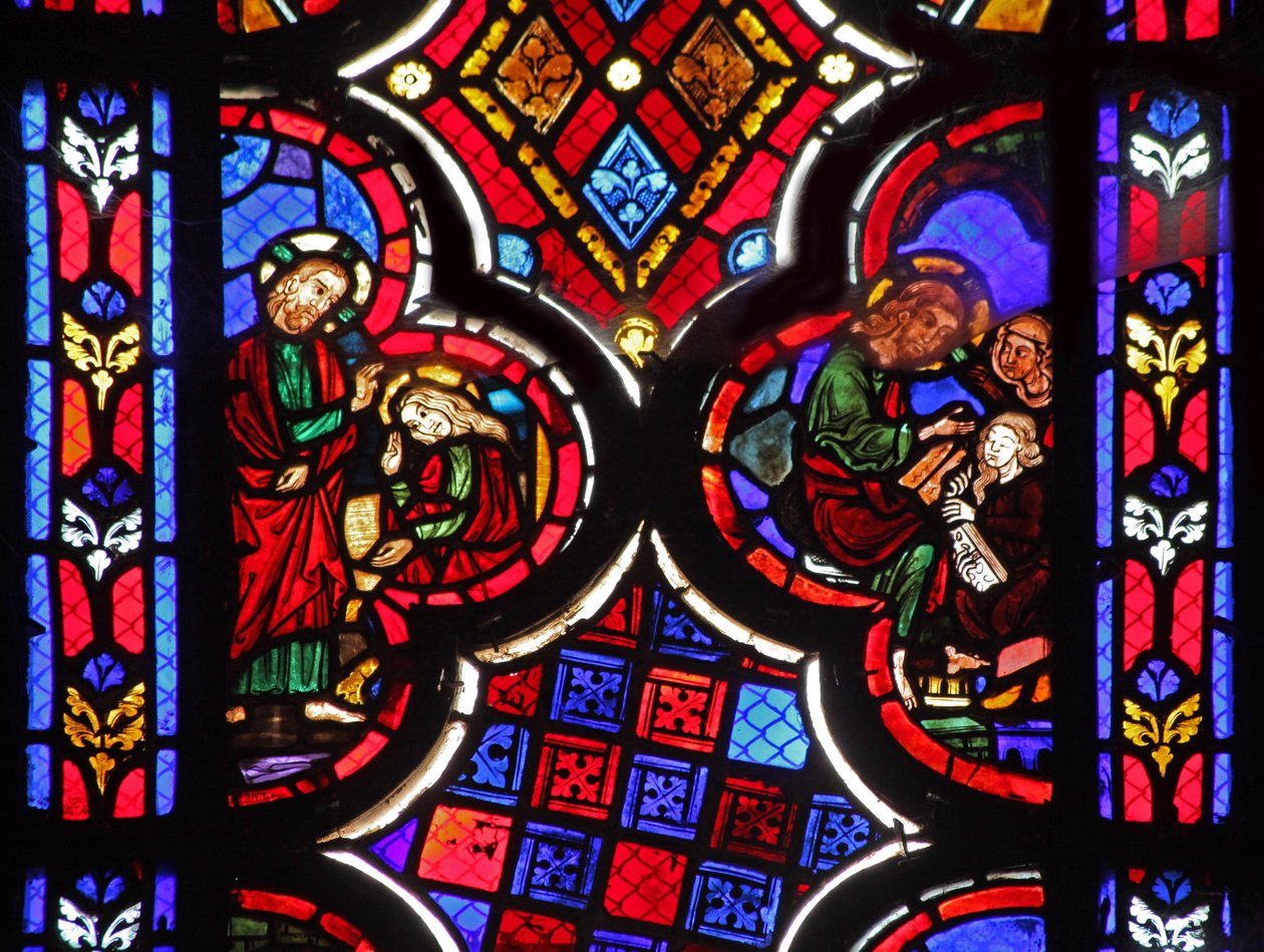 Window w1 depicting Jesus with Martha and Mary Magdalene by French School