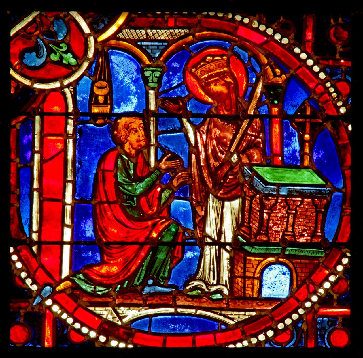 Window depicting a scene from the Theophilus story: he prays before a statue of the Virgin who then appears to him by French School